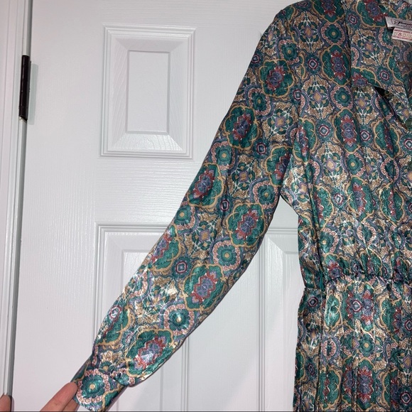 Vintage Florentine Petites Paisley Blue Green Button Up Long Sleeve Dress 14 - Picture 2 of 10